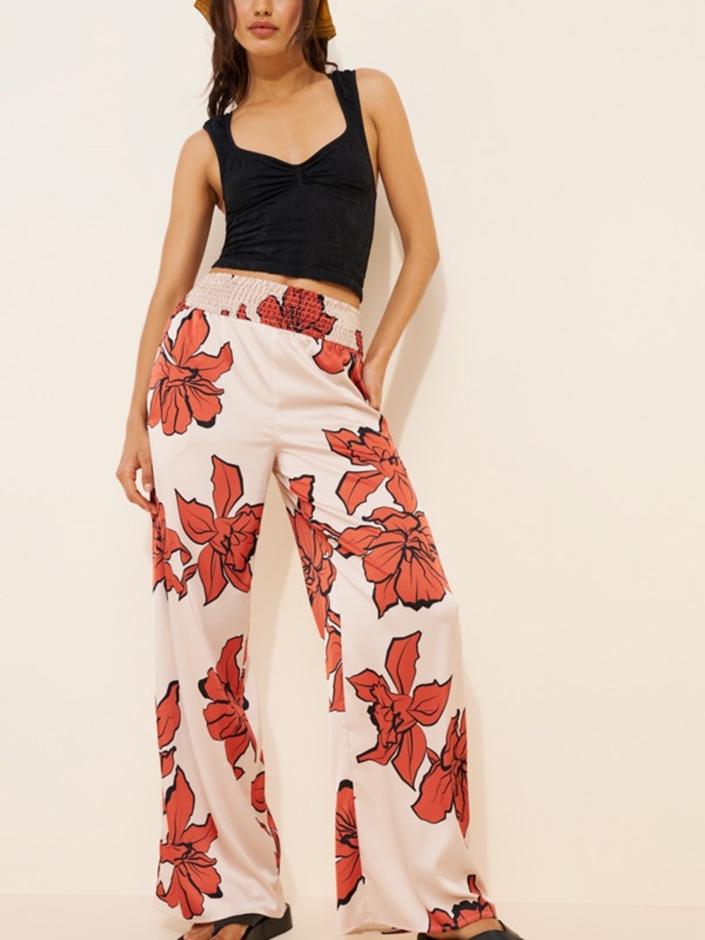 Hutch Wide Leg Floral Pants in Cream and Red